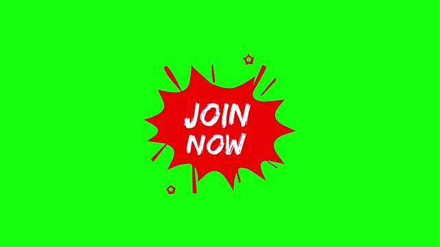 Join now button animation with red call to action tag on green screen background for web.