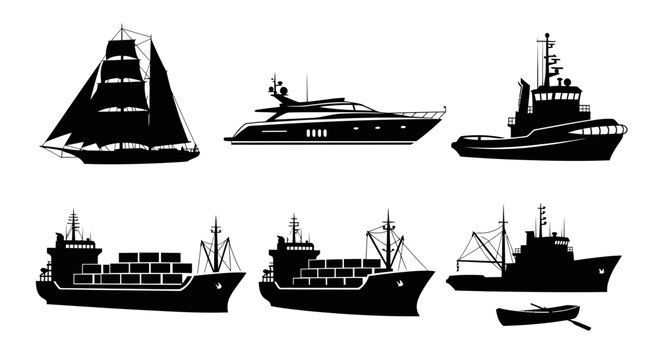 Set of ship silhouettes: sailing ship, yacht, tugboat, cargo ships, fishing boat, rowboat