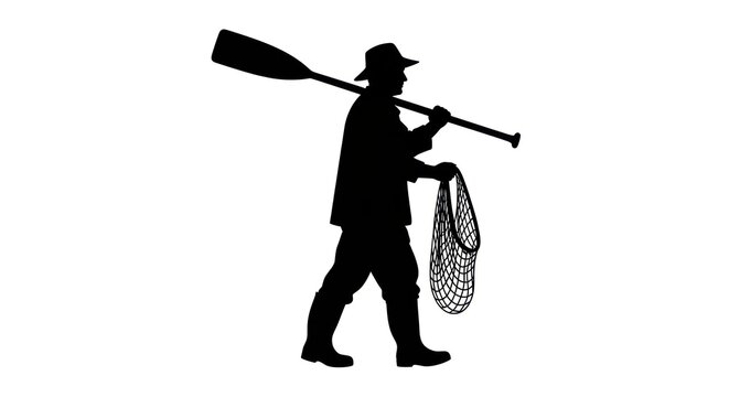 Man carrying fishing net and oar.