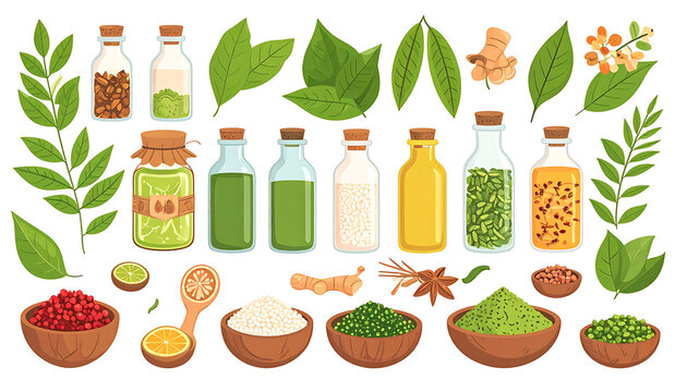 Collection of pixel art ingredients and bottles for natural remedies and herbal medicine, featuring spices, leaves, oils, and powders