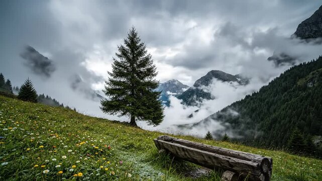 Alpine meadow tree  clouds.