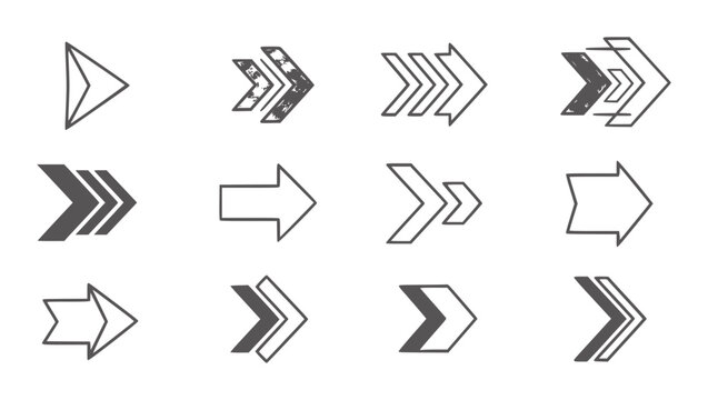 Collection of twelve diverse arrow in dark gray and outline styles symbol direction