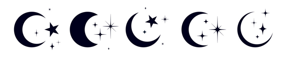 Moon with stars set. Half moon, crescent with star, night sky background. Half moon symbol, graphic elements, light star shapes graphic, boho witch mystic crescent icon collection. Vector Illustration © foxysgraphic