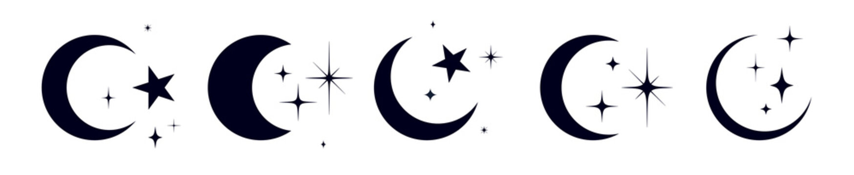 Moon with stars set. Half moon, crescent with star, night sky background. Half moon symbol, graphic elements, light star shapes graphic, boho witch mystic crescent icon collection. Vector Illustration