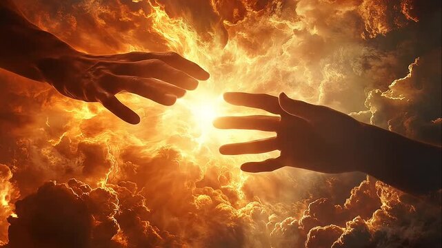 Outstretched hands reaching for each other in a fiery golden sky representing connection and hope.