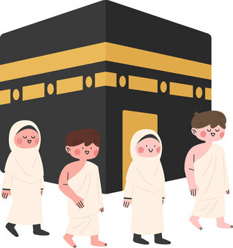 Character Illustration of Pilgrims Performing Tawaf Around Kaaba