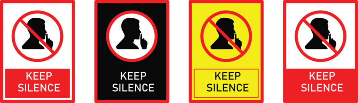 Keep Silence Sign Vector Set with Quiet Zone Warning Icons for Public Places
