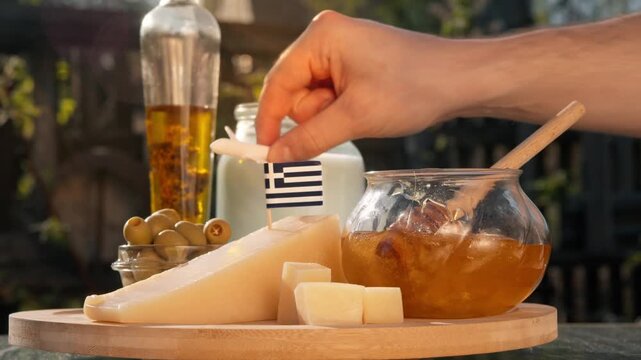 Rustic Greek scene captures air travel for food lovers, presenting local cheese, honey, and olives as symbols of regional farm heritage.