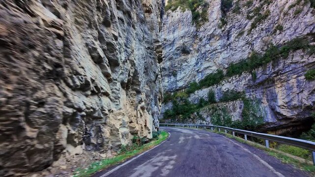 Driving through the Foz de Binies canyon in the Aragon Pyrenees. Spain in Europe.