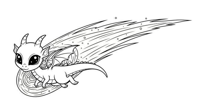 Cute baby dragon flying fast with a fiery tail, fantasy creature illustration, cartoon style