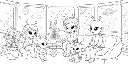 Fototapeta premium Cute alien family sitting in a spaceship living room with planets and stars visible through the windows