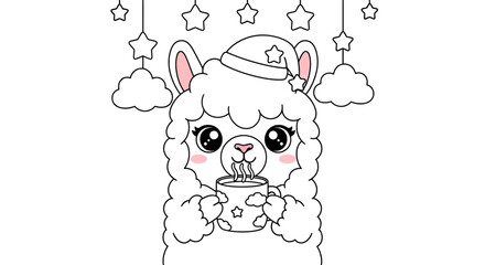 Obraz premium Cute cartoon llama wearing a sleeping cap, holding a mug of hot chocolate, with stars and clouds, black and white outline illustration