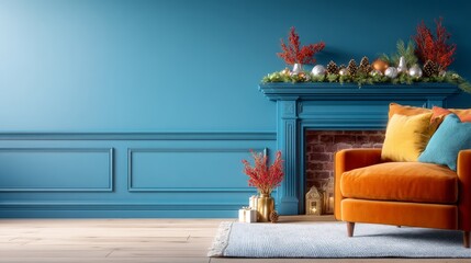 Obraz premium Cozy modern living room with blue wall orange armchair and festive decoration