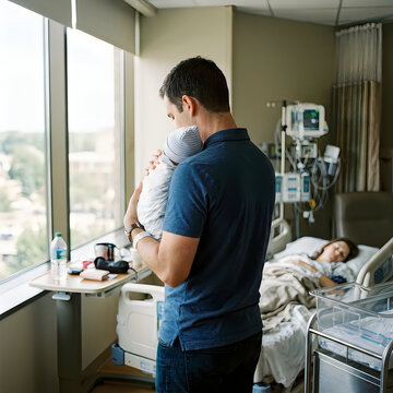 Tender moment of a father holding his newborn baby in hospital room near window, digital art