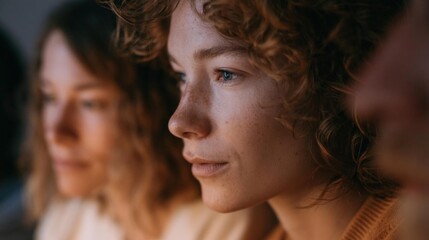 Obraz premium Close-up portrait of a young woman with curly hair. she is looking off to the side with a thoughtful expression on her face.