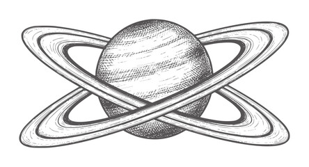 Hand drawn of a planet with intersecting rings space astronomy vintage © Mehedy