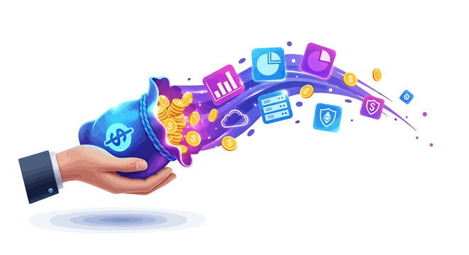 Hand holding piggy bank with digital icons flowing out.