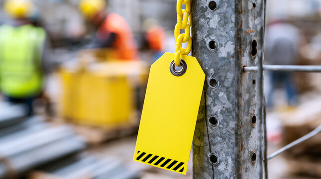 Close-up of a safety yellow out-of-service tag attached to a faulty welding machine at a construction site, industrial safety concept, equipment defect tagging, workplace hazard