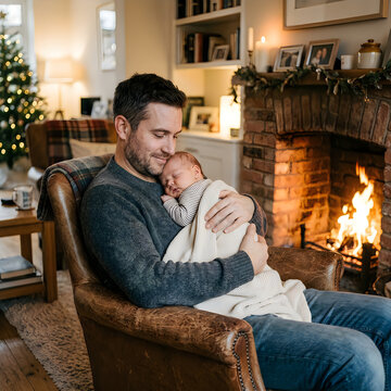 Loving father holding his newborn baby by a warm fireplace in cozy winter living room, digital art