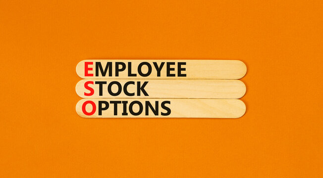 ESO employee stock options symbol. Concept words ESO employee stock options on beautiful wooden sticks. Beautiful orange background. Business ESO employee stock options concept. Copy space.