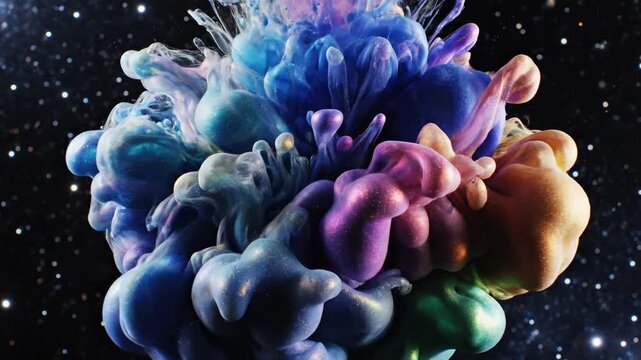 Vibrant, swirling liquid paint exploding in a kaleidoscope of psychedelic colors, forming ethereal cloud-like shapes against a cosmic speckled expanse, evoking abstract artistry