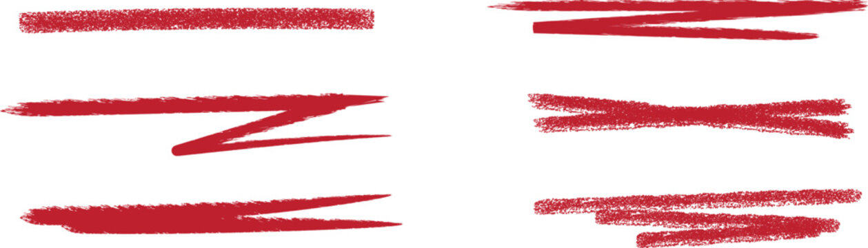 Set of red grunge brush strokes with dry paint texture, rough hand drawn ink streaks and smear lines, abstract artistic elements isolated for banners, highlights, and creative design overlays.