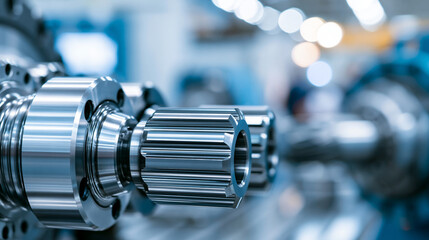 Fototapeta premium Close-up of industrial automotive machine tool parts in sharp detail, mechanical component concept, machine part close-up, manufacturing equipment photography, defocused