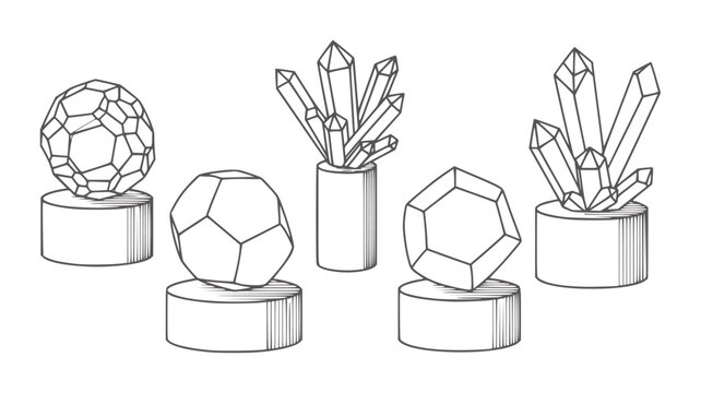 Line collection of geometric crystals and polyhedrons pedestals mineral science