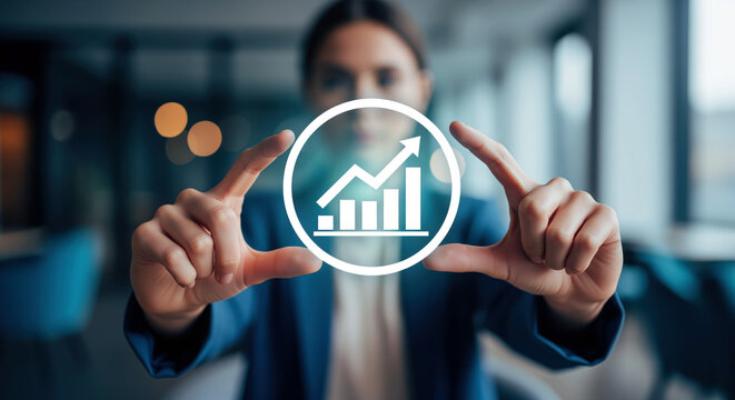 Interactive financial data visualization overlay showing upward sale trend arrow to demonstrate gesture controlled stock trading software during virtual wealth management presentation