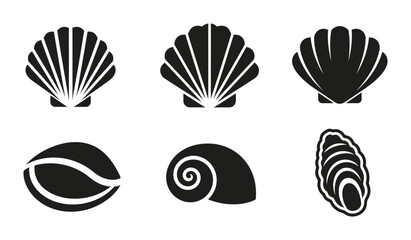 Black Seashell Icons Set, Marine Mollusk Silhouettes, Ocean Life Vector Graphics © Shahadat