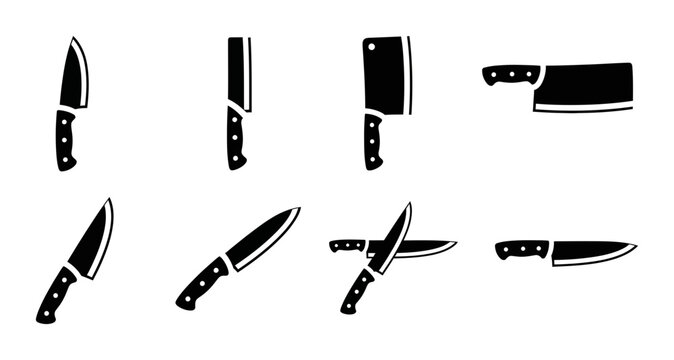 Kitchen Knives Vector Icons, Chef Knife Set, Butcher Cleaver, Culinary Tools, Black and White Graphic Elements