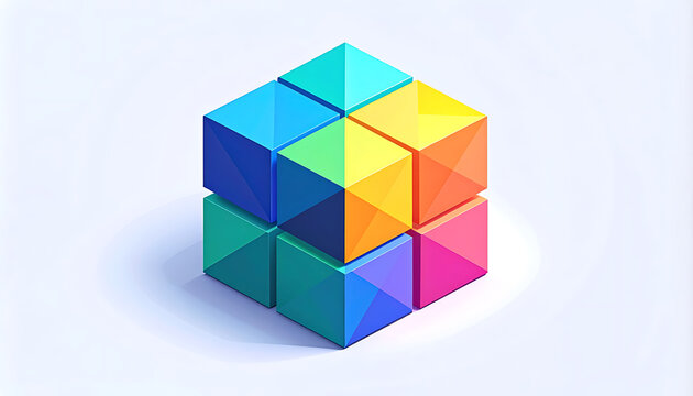 Abstract geometric cube made of colorful pixel blocks, isometric view, representing digital data and modular design, vibrant gradient colors