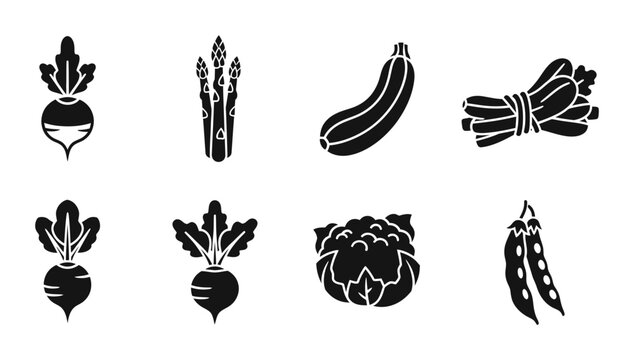 Vegetable Icons Set: Beetroot, Asparagus, Zucchini, Radish, Cauliflower, Peas, Healthy Food Graphics