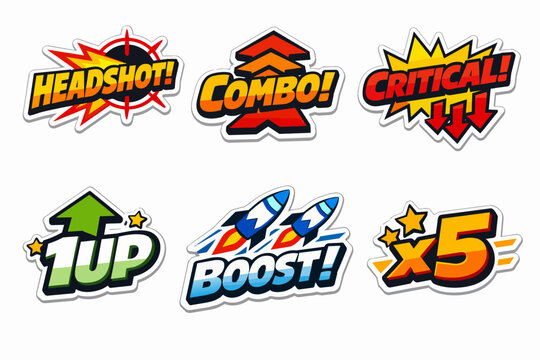 Gaming stickers displaying 1UP, headshot, combo, critical, boost, and x5