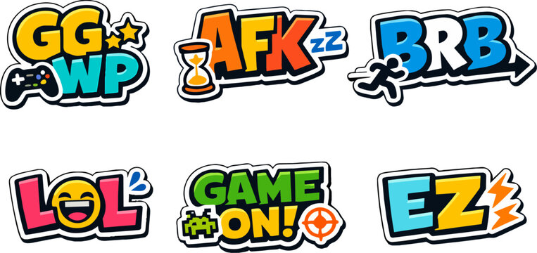Gaming slang stickers representing online chat communication