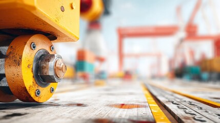 Fototapeta premium Close-up of yellow industrial metal wheel on wooden platform with blurred background