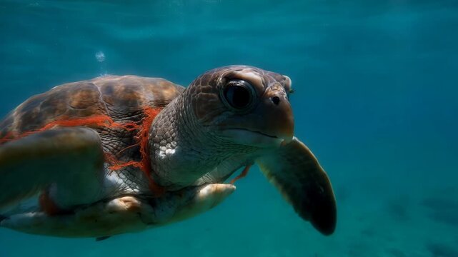 Close up of a sea turtle trapped in orange fishing net while swimming in the blue ocean