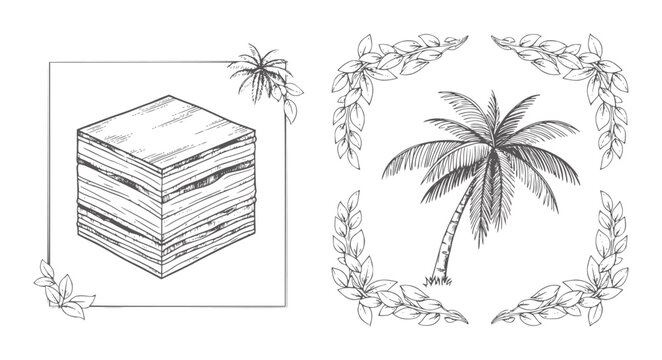 Stacked wooden planks in square frame and palm tree in leaf border timber lumber