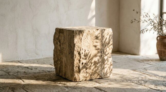 Rustic stone cube pedestal in a bright sunlit Mediterranean interior room.