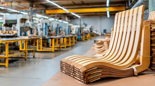 Modern wooden chair frame stacked in factory workshop ready for assembly line