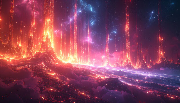 Abstract glowing energy landscape with vibrant orange and purple lights, digital data streams, and cosmic nebula effect, futuristic technology concept