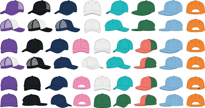 
Colorful Baseball Cap Collection Set with Multiple Views and Various Colors Flat Design Vector Illustration