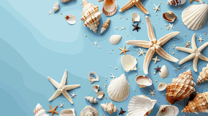 Assortment of Seashells and Starfish Scattered Across a Vibrant Blue Background with Copy Space © AI PIC