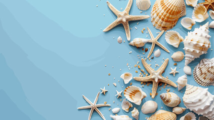 Assortment Of Seashells And Starfish Scattered On A Light Blue Background With Soft Lighting © AI PIC