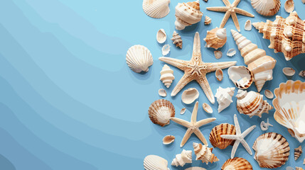Assortment Of Seashells And Starfish Scattered On A Light Blue Background © AI PIC