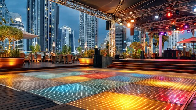 Outdoor rooftop event space with illuminated dance floor and city skyline