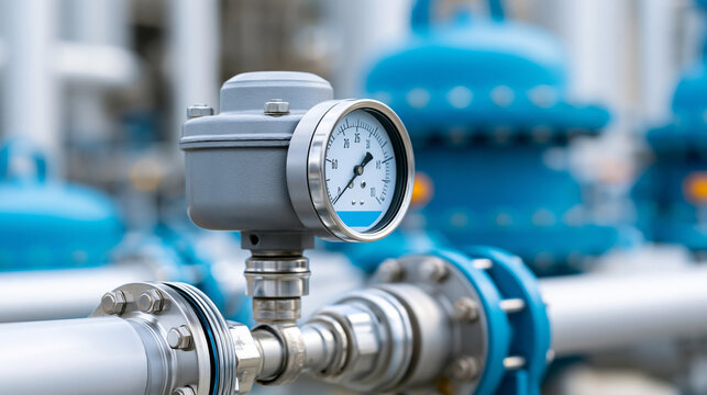 Close-up of a condensate port pressure transmitter installed in an industrial oil and gas zone, industrial instrumentation concept, process equipment detail, pressure monitoring
