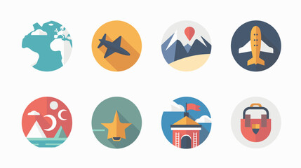 Fototapeta premium Collection Of Flat Pixel Art Travel Icons Including Globe Airplane Mountains And Suitcase