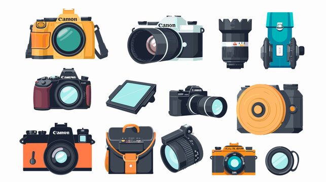 Collection of Pixel Art Cameras and Photography Accessories Isolated on White Background