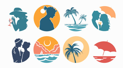 Collection Of Stylized Retro Beach And Vacation Silhouettes With Tropical Palm Trees And Ocean © AI PIC